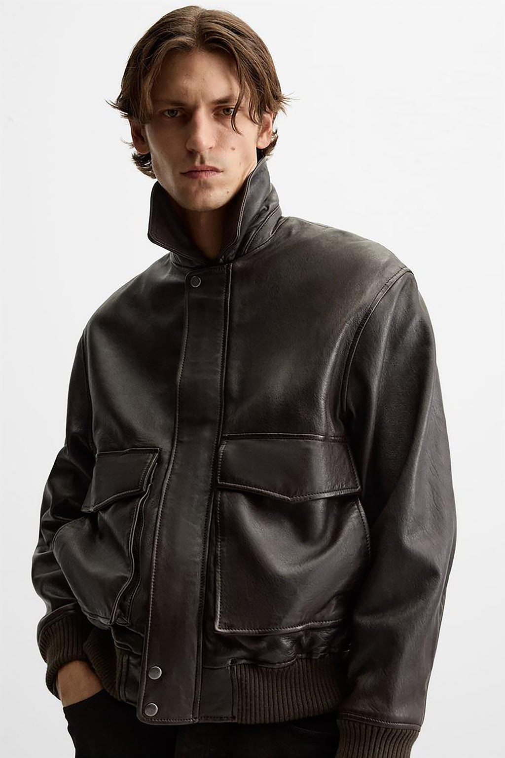 Men's Leather Bomber Jacket With Pockets