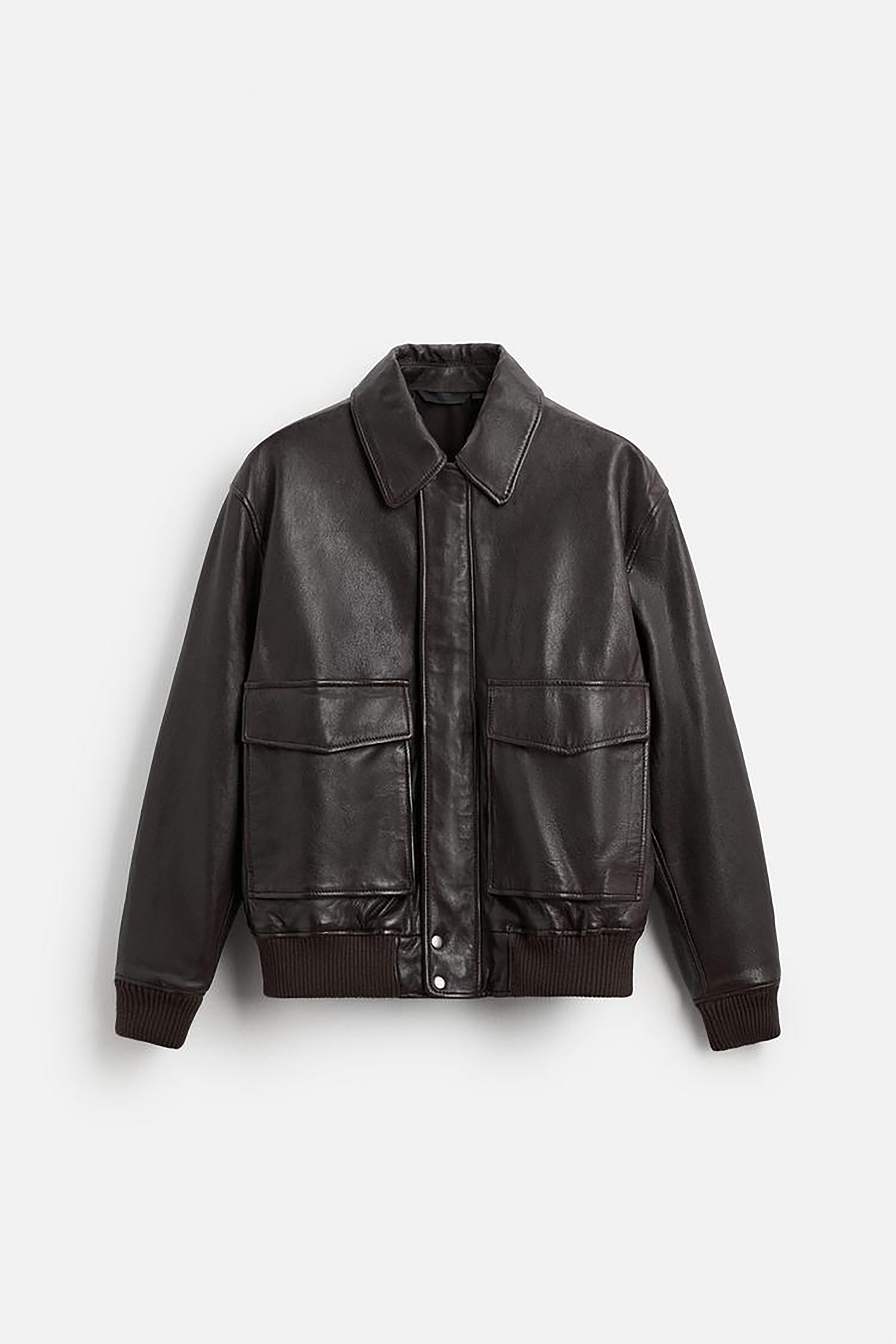 Men's Leather Bomber Jacket With Pockets