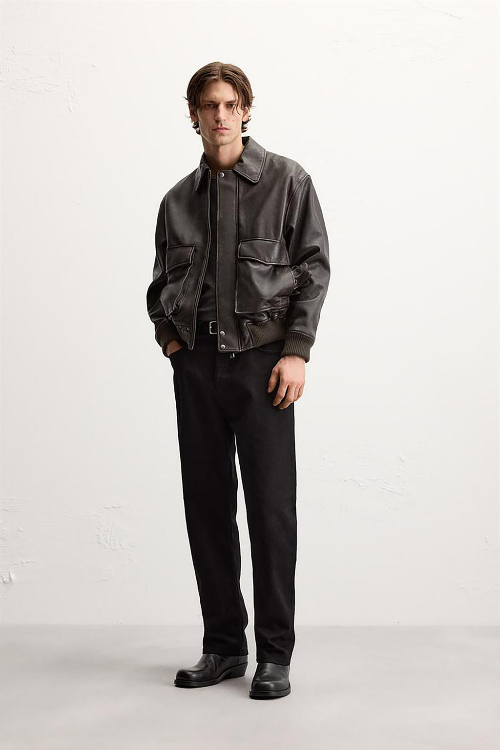 Men's Leather Bomber Jacket With Pockets