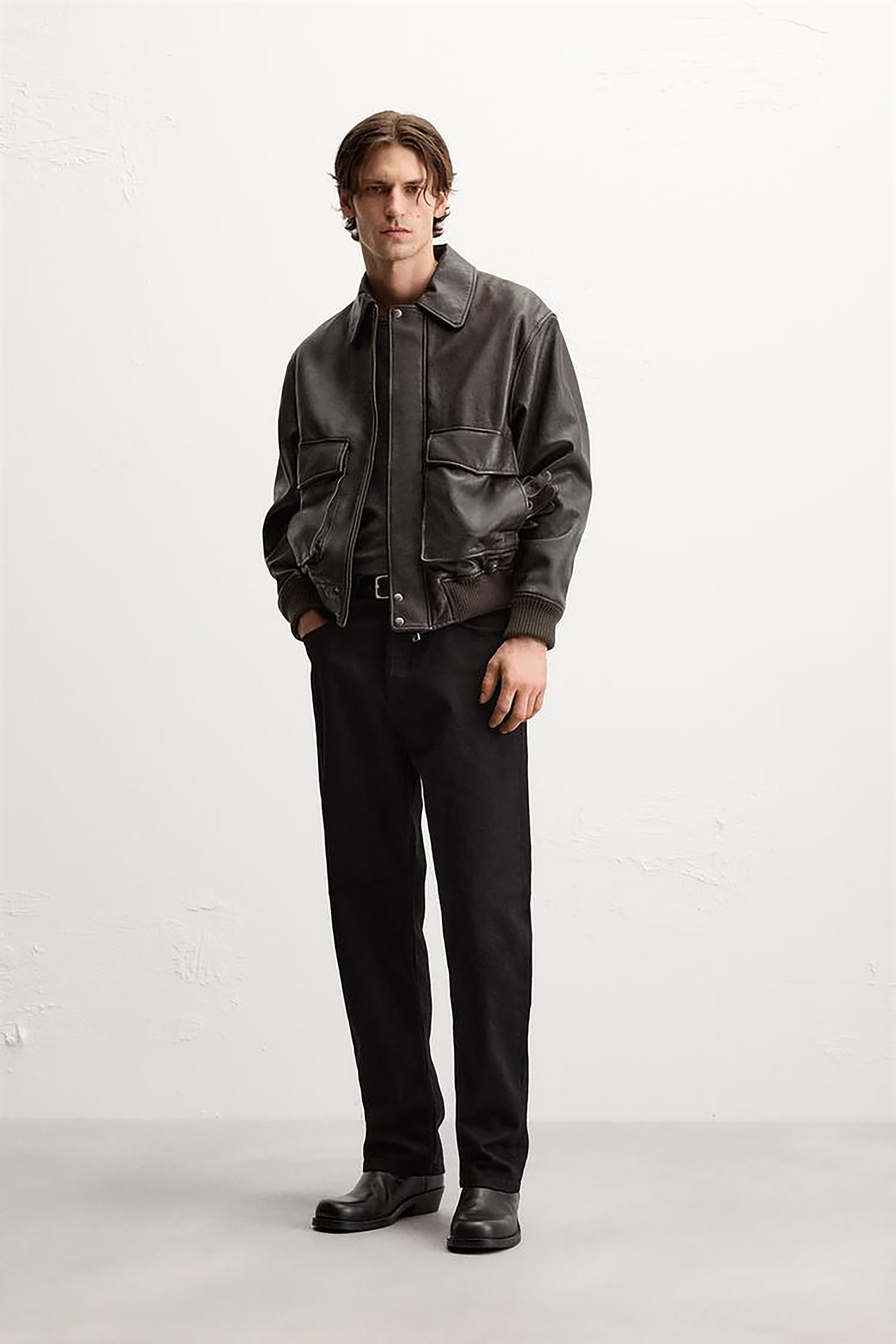 Men's Leather Bomber Jacket With Pockets