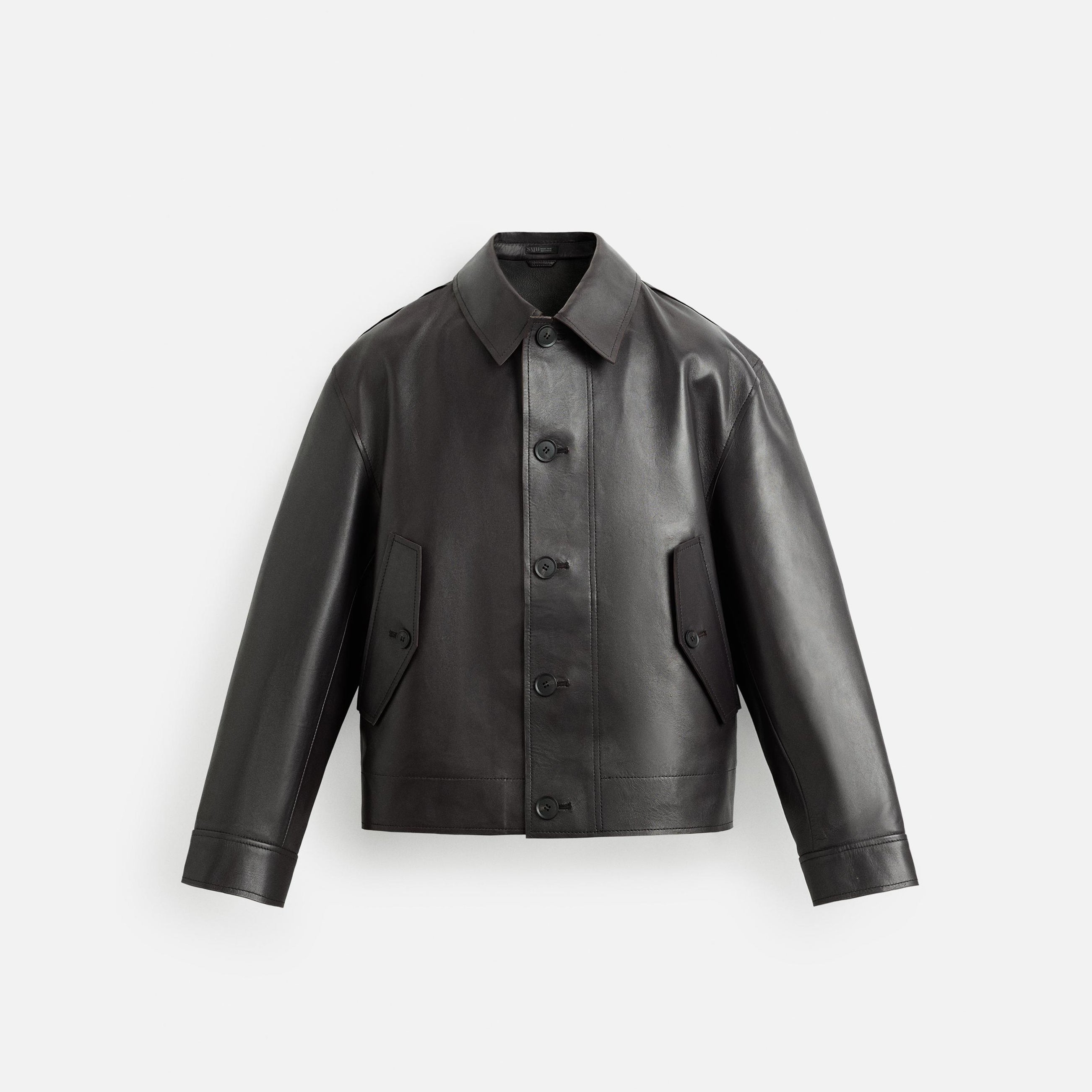 Men's Brown Cropped Fit Leather Jacket with Pockets