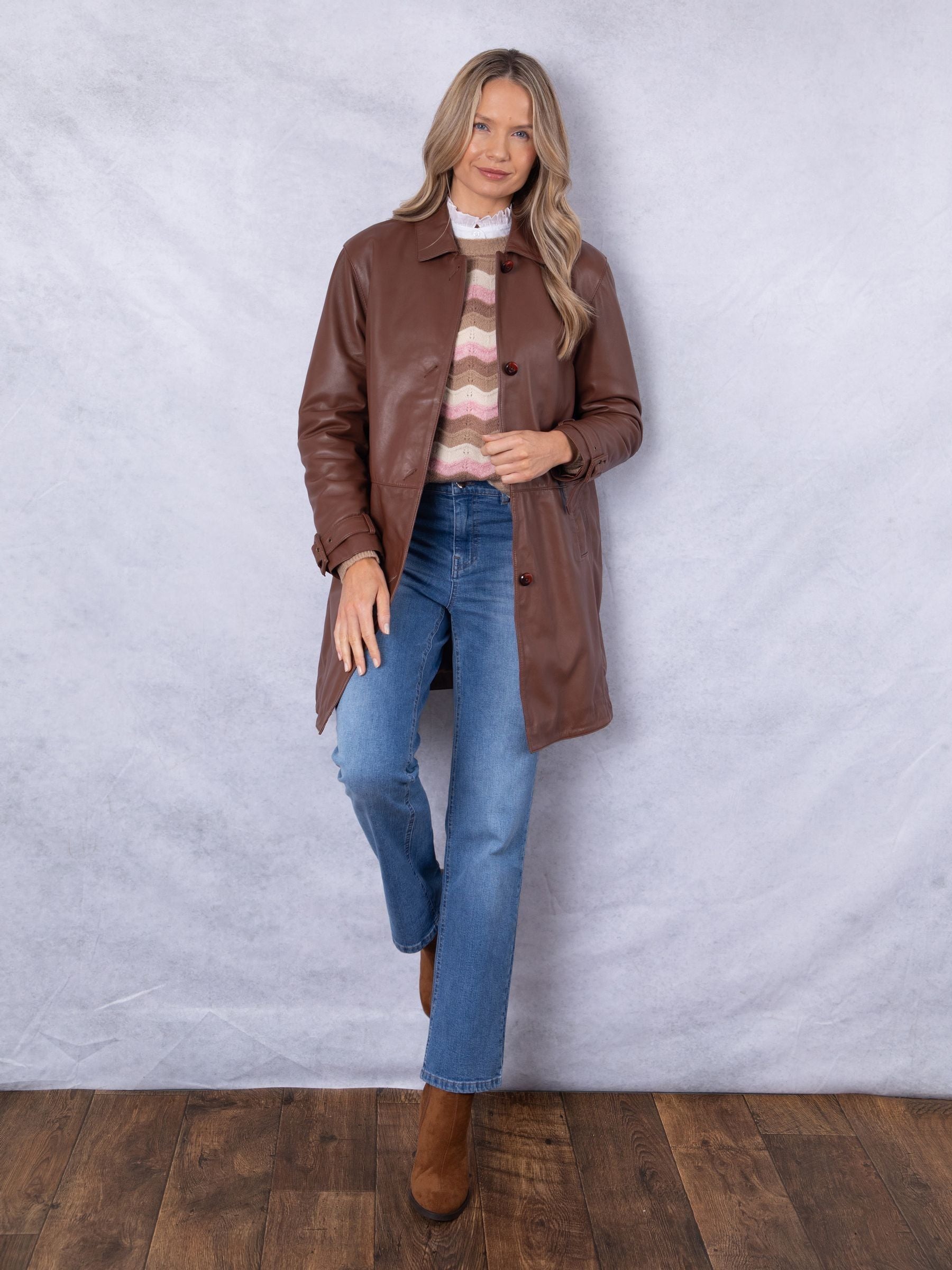 Women's Brown Button Down Leather Coat