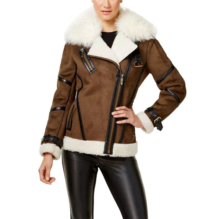 Damen Braune Pelz-Shearling-Lederjacke