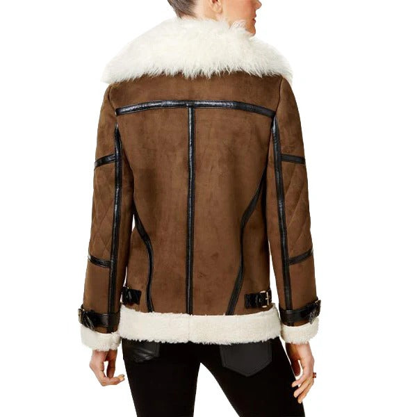 Damen Braune Pelz-Shearling-Lederjacke