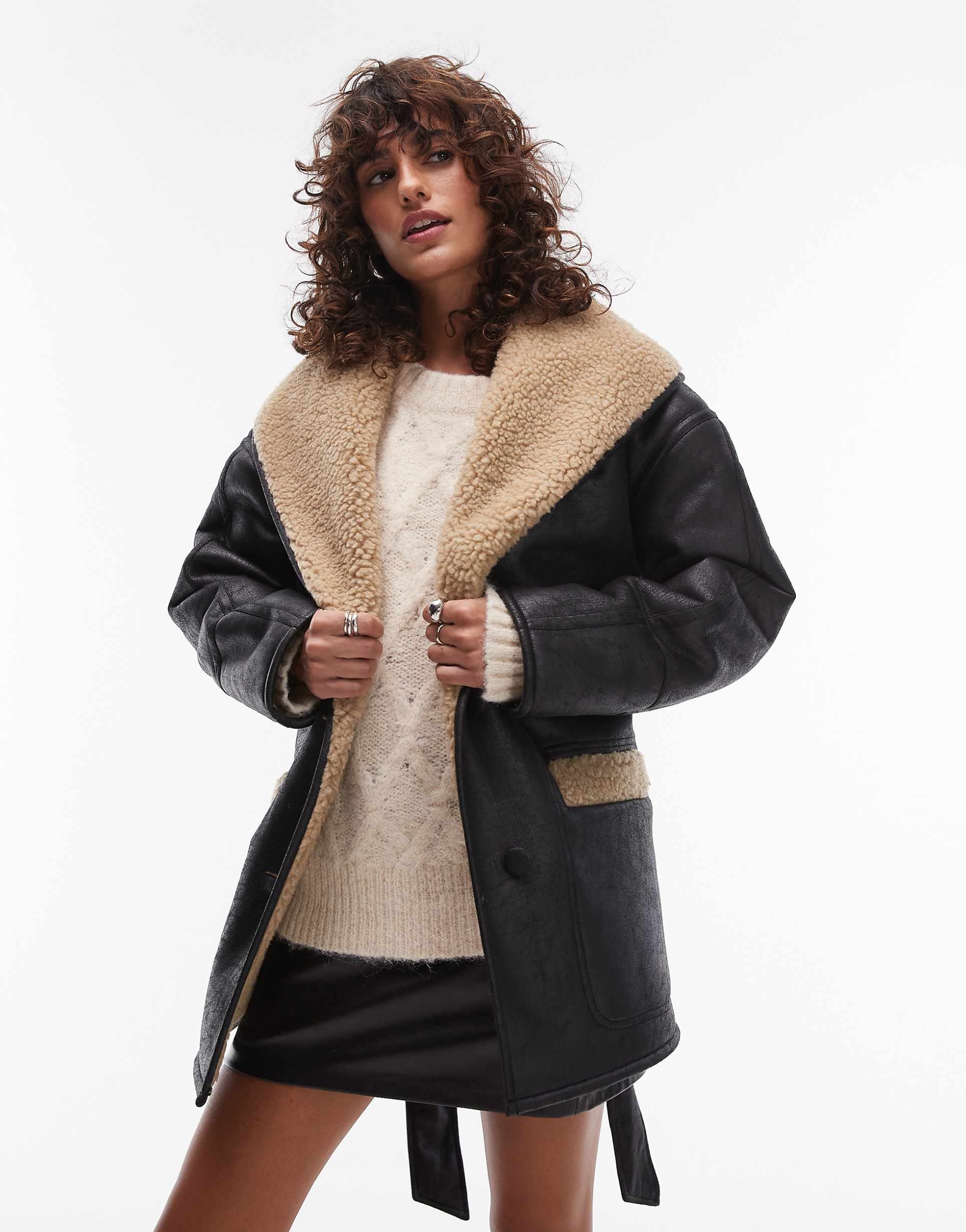Belted Faux Feather Shearling Jacket