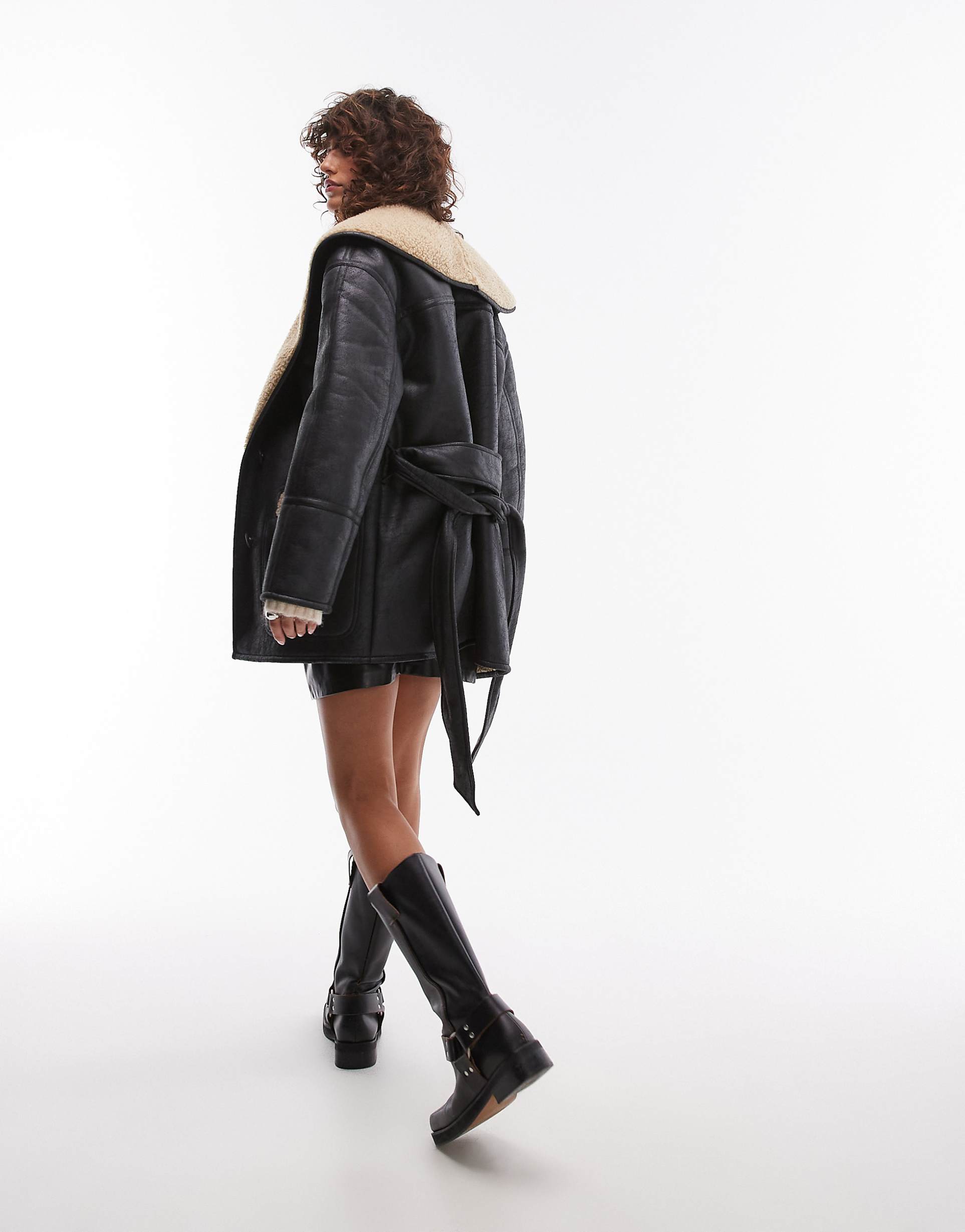 Belted Faux Feather Shearling Jacket