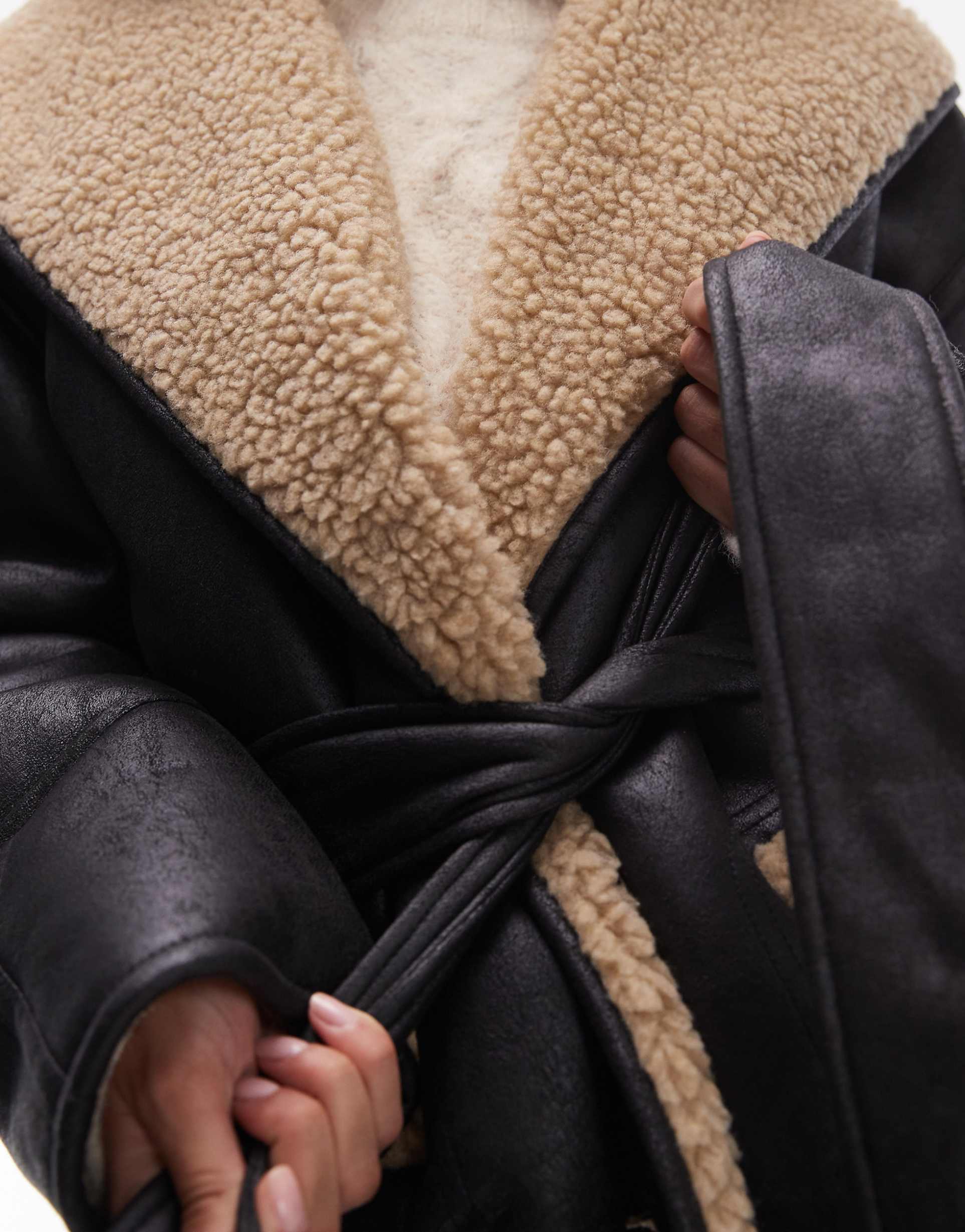 Belted Faux Feather Shearling Jacket