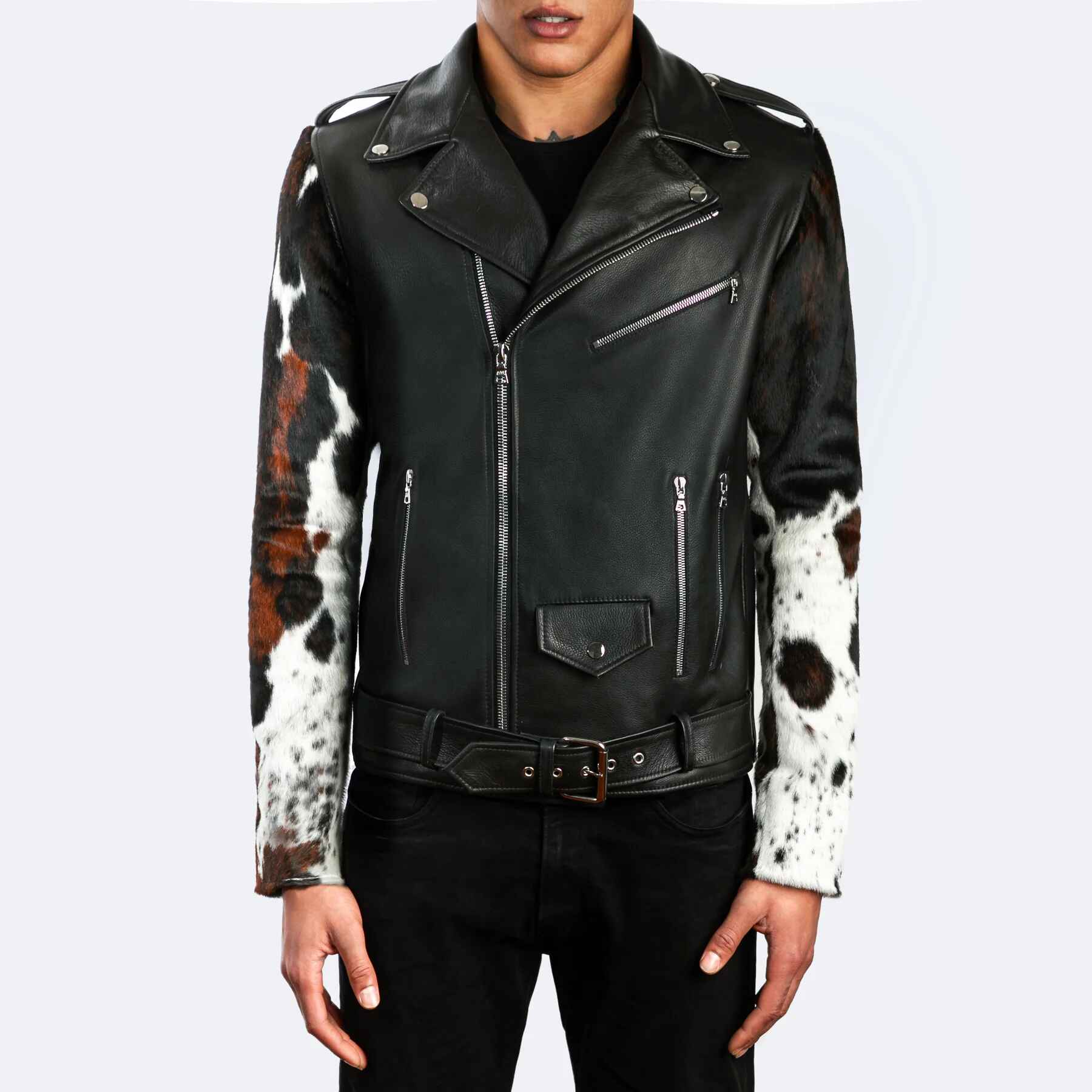 Men's Prince Shoulder Snaps Belted Cowhide Leather Jacket