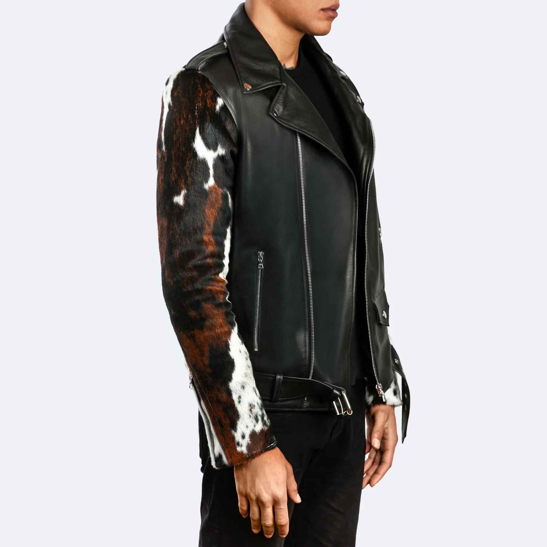 Men's Prince Shoulder Snaps Belted Cowhide Leather Jacket