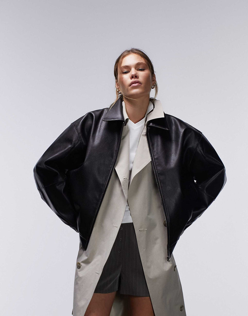 Grain Faux Leather oversized Bomber Jacket