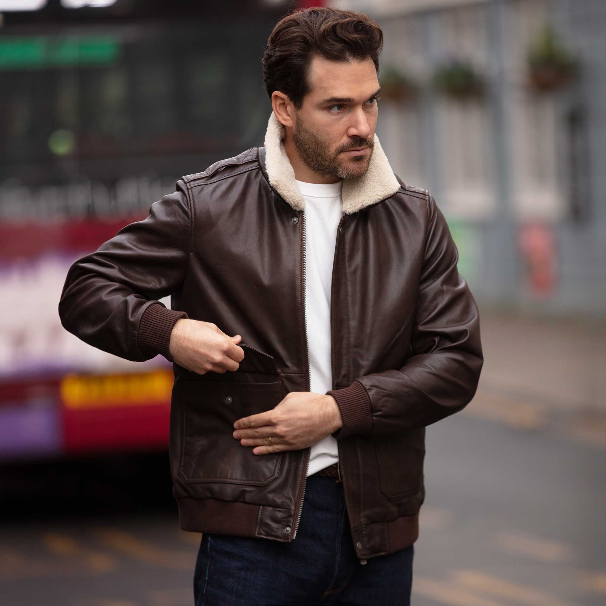Leather Bomber Jacket With Detachable Collar Urban