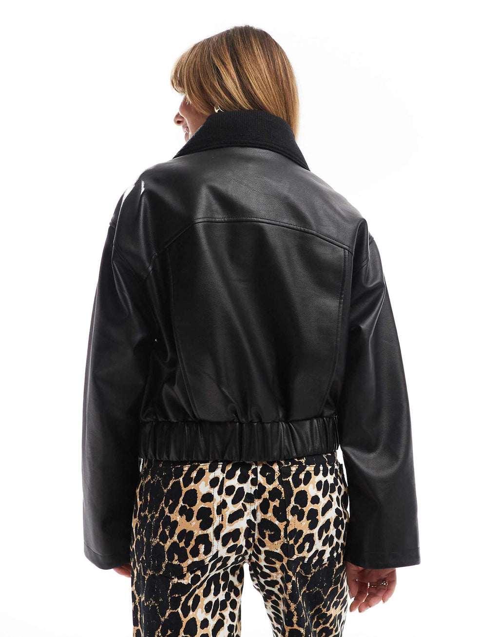 Leather Bomber Jacket with Knitted Collar