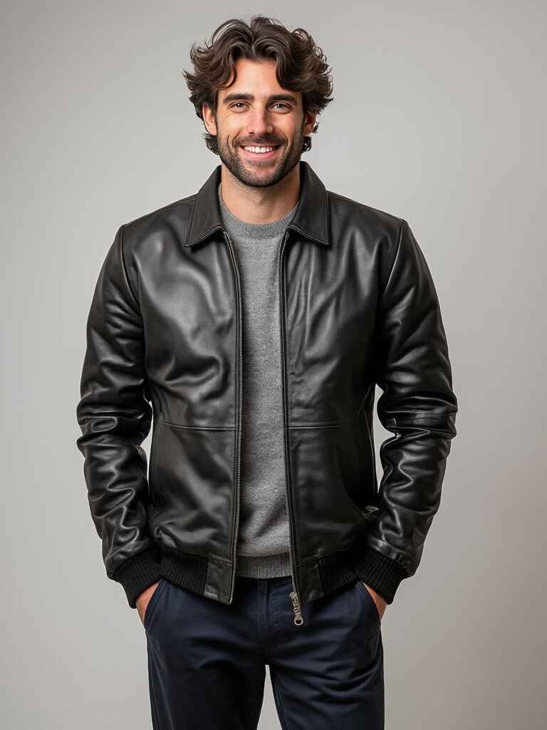 Men's Black Bomber Leather Jacket