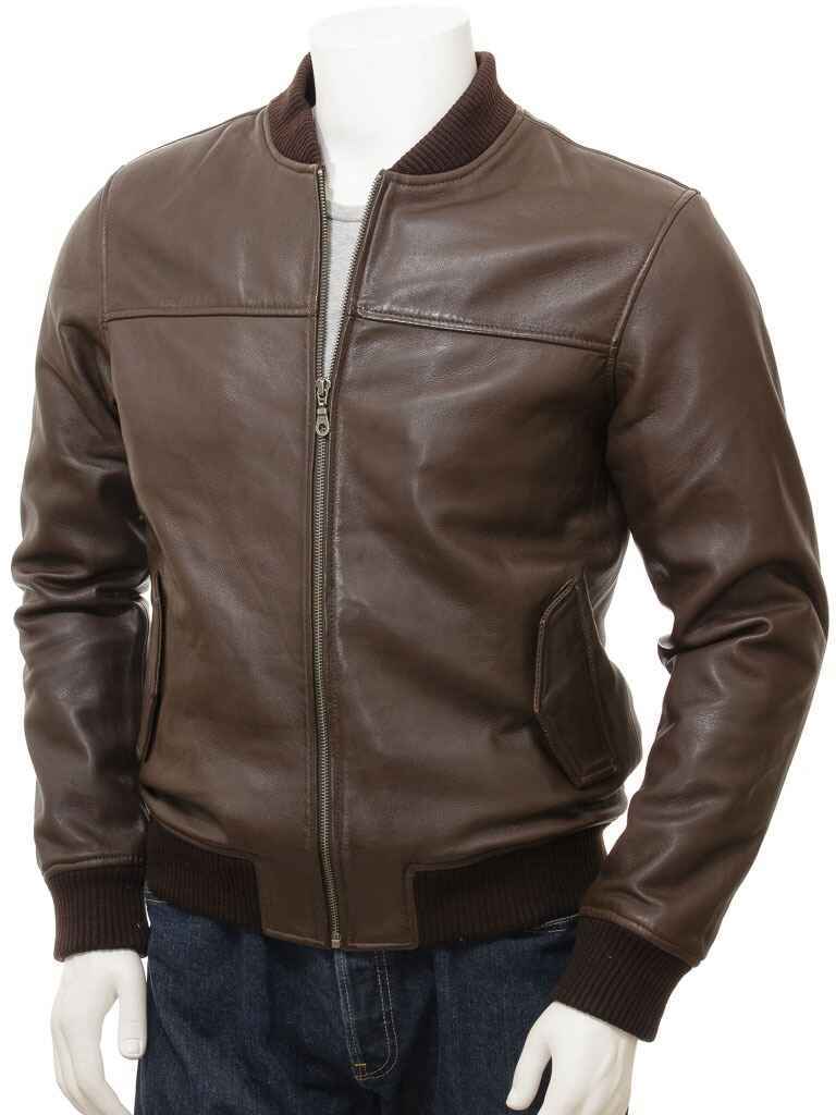 Men's Brown Leather Bomber Jacket