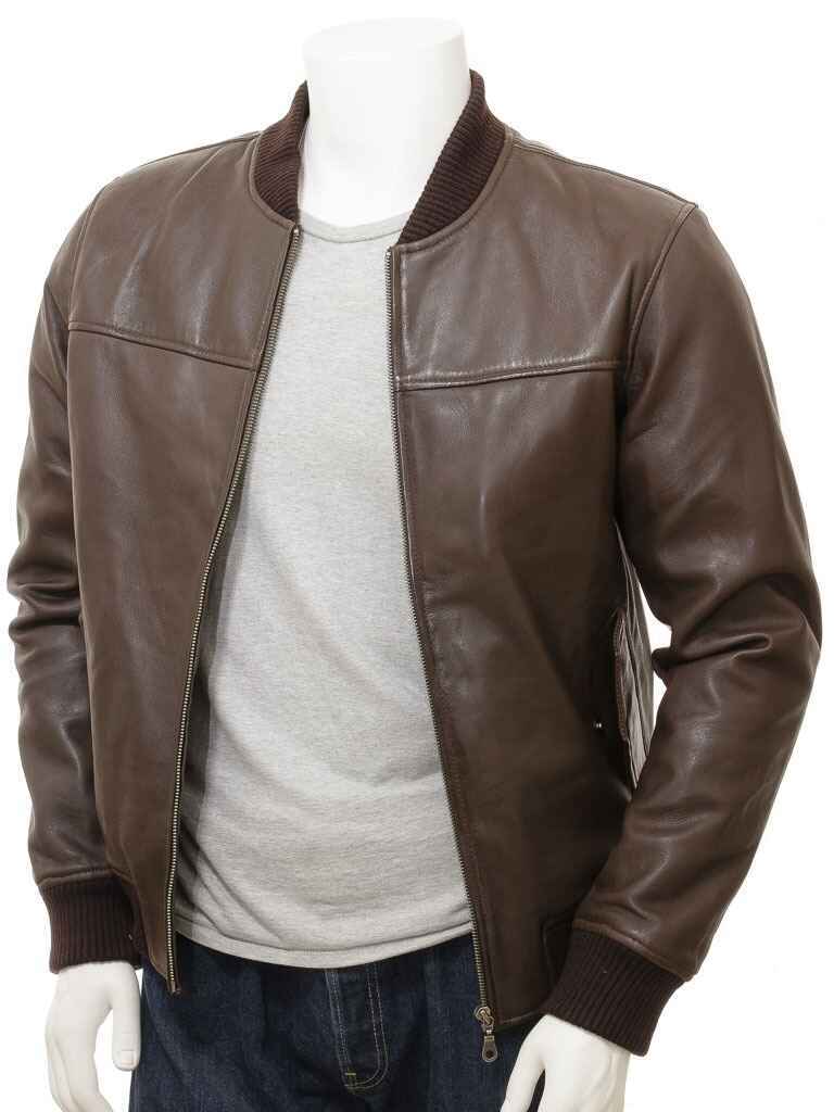 Men's Brown Leather Bomber Jacket