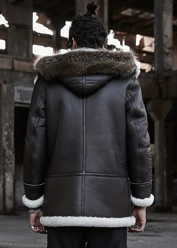Men's Brown B3 Long Fur Winter Coat & Hooded Leather Coat