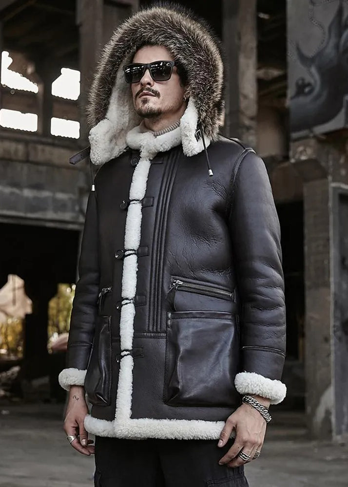 Men's Brown B3 Long Fur Winter Coat & Hooded Leather Coat