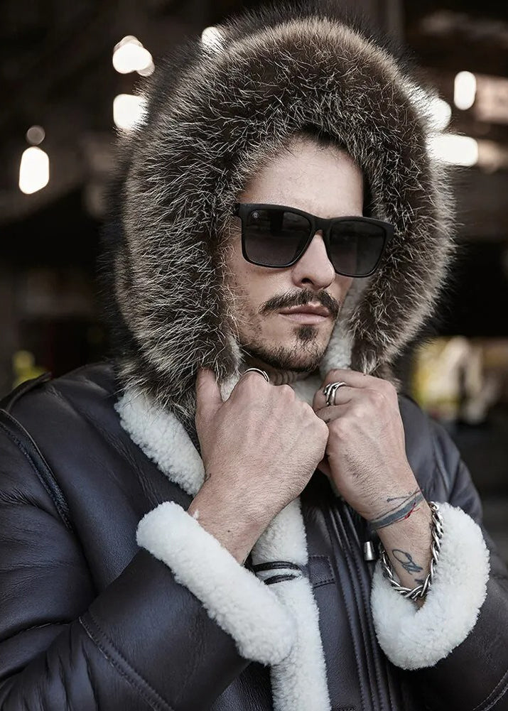Men's Brown B3 Long Fur Winter Coat & Hooded Leather Coat