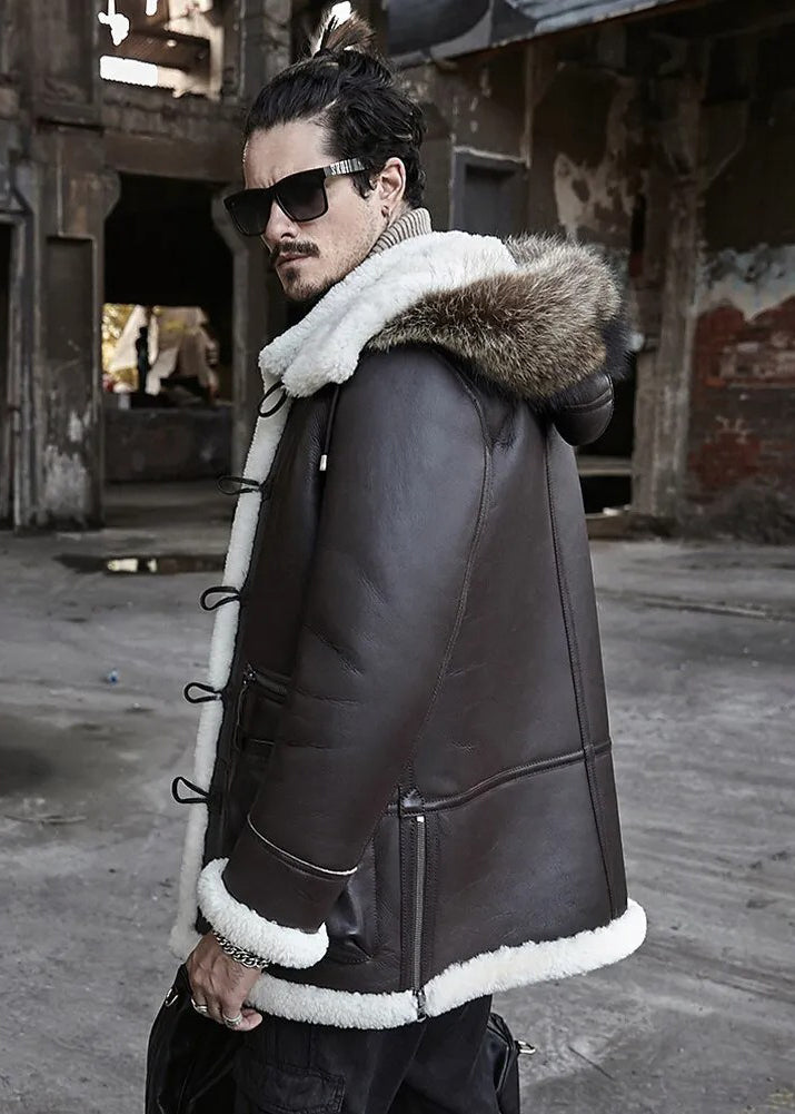 Men's Brown B3 Long Fur Winter Coat & Hooded Leather Coat