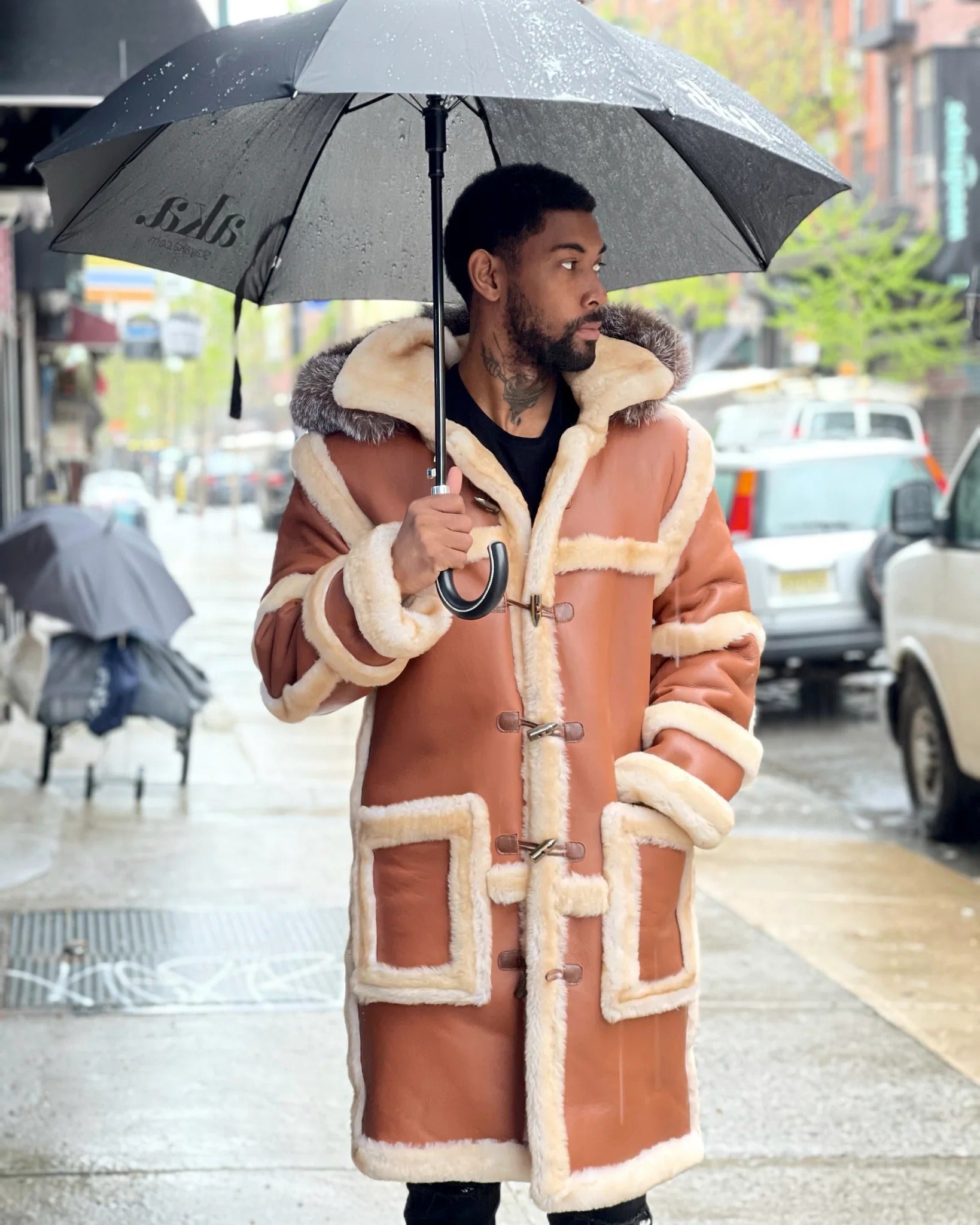 MEN'S SHEARLING- 3/4 COGNAC WITH FOX FUR HOOD