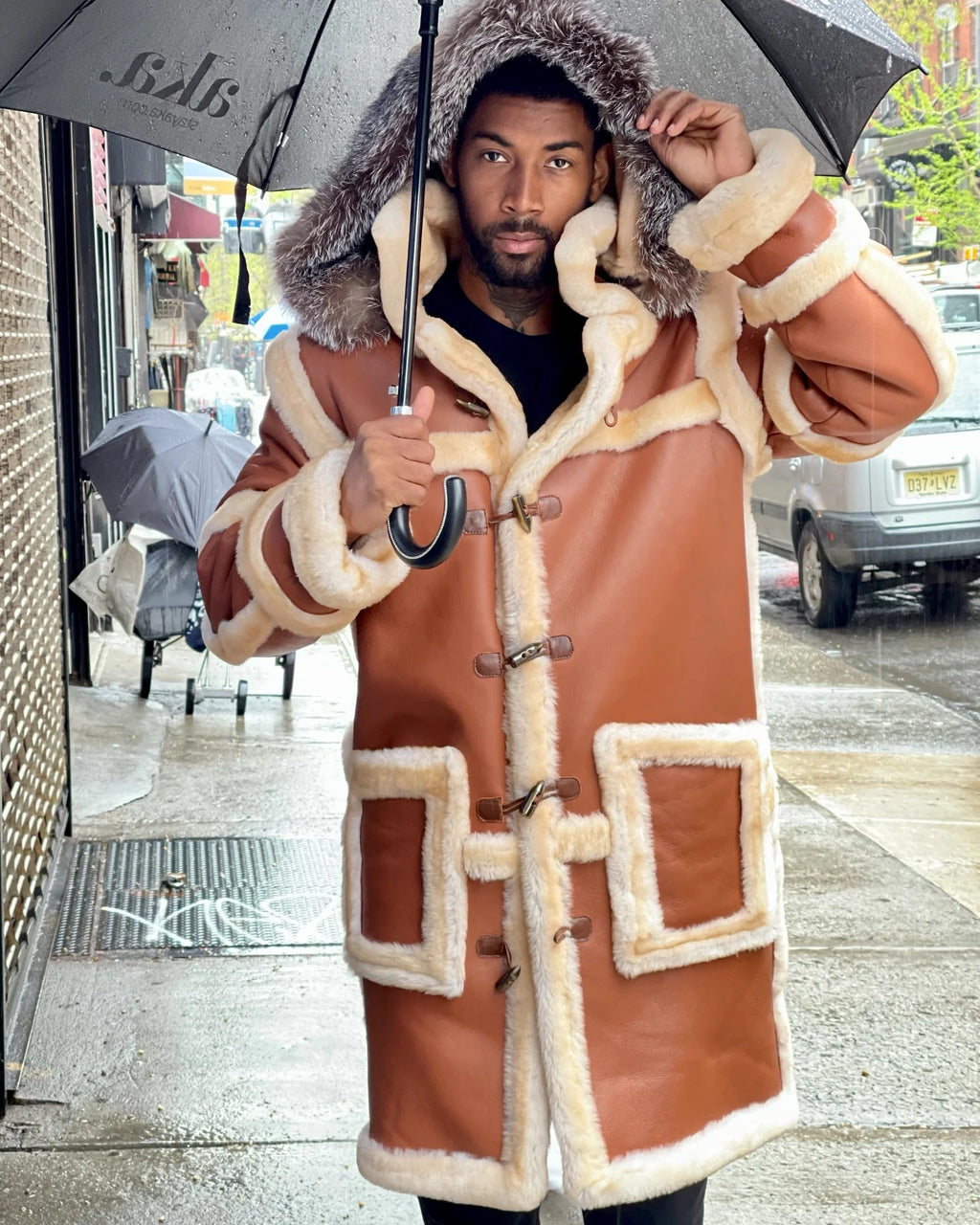 MEN'S SHEARLING- 3/4 COGNAC WITH FOX FUR HOOD