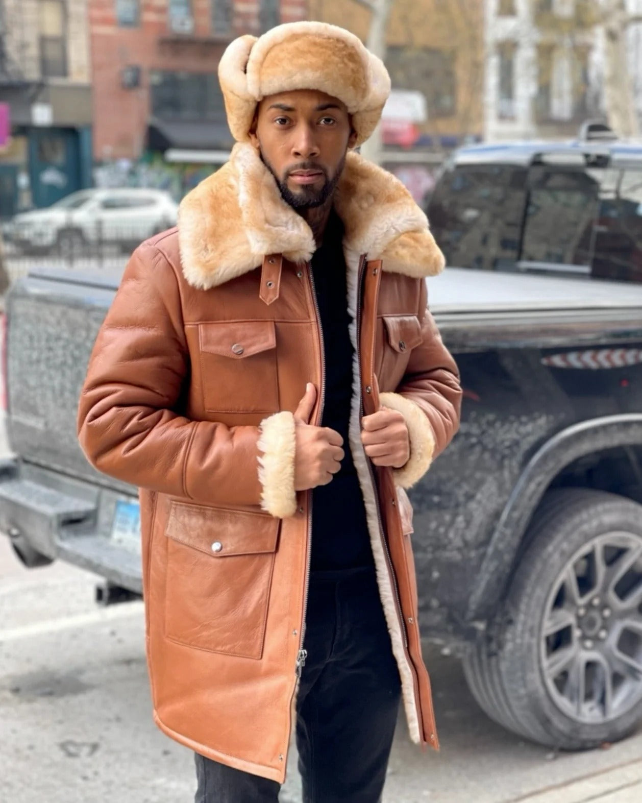 MEN'S SHEARLING- COGNAC 3/4 TRENCH WITH POCKET