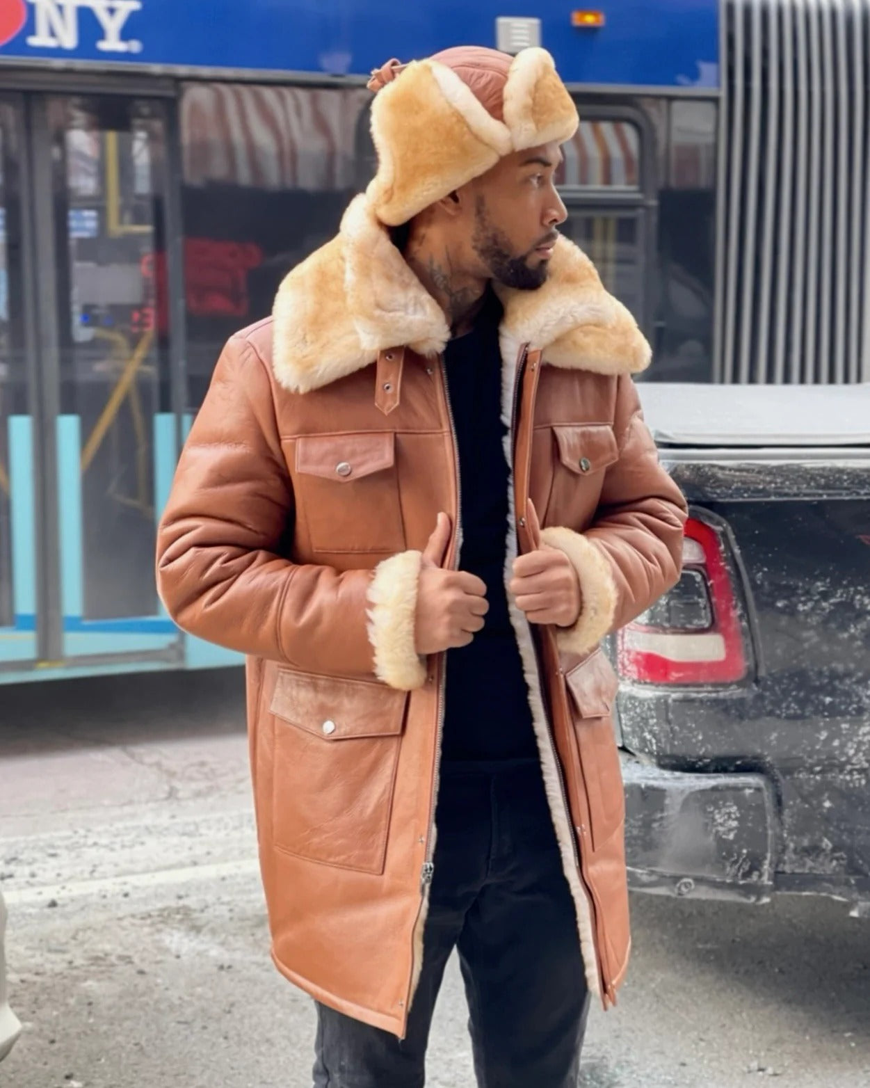 MEN'S SHEARLING- COGNAC 3/4 TRENCH WITH POCKET