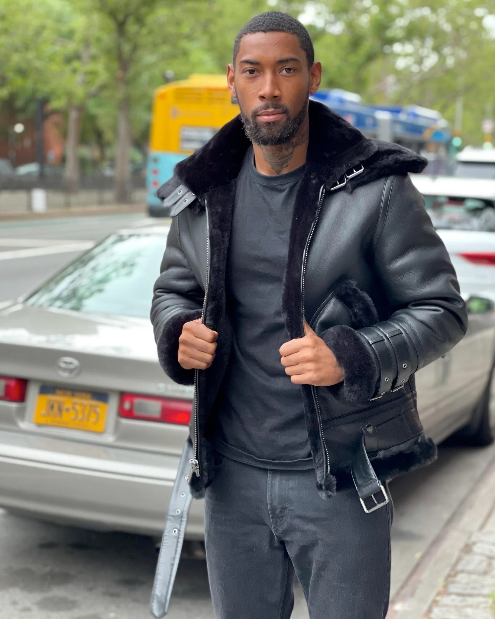 MEN's SHEARLING- BLACK AVIATOR DOUBLE COLLAR