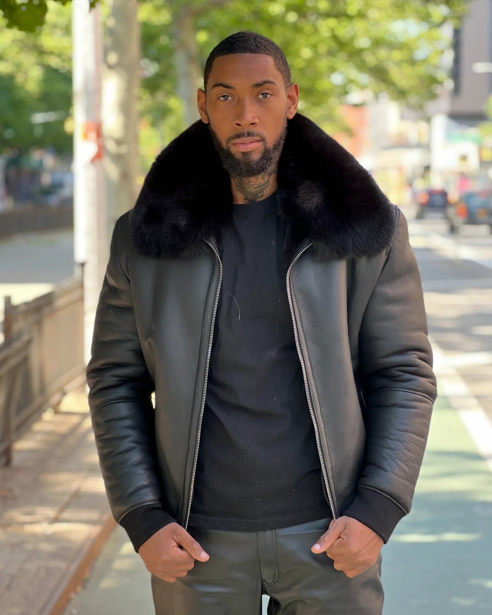 MEN's SHEARLING- BLACK BASEBALL STYLE BOMBER WITH FOX FUR