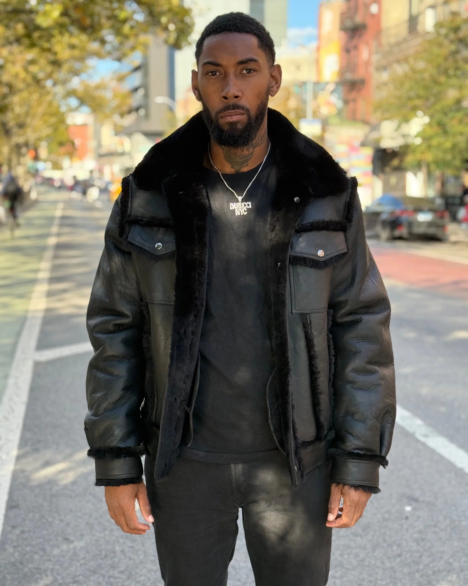 MEN's SHEARLING- BLACK DENIM STYLE SHEARLING (FUR OUT)