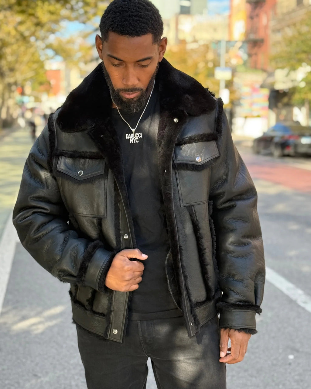 MEN's SHEARLING- BLACK DENIM STYLE SHEARLING (FUR OUT)