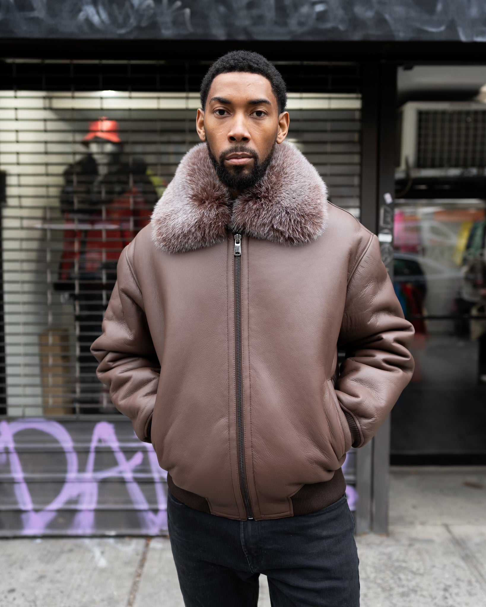 MEN's SHEARLING- BROWN BRISA BASEBALL STYLE BOMBER WITH FOX FUR