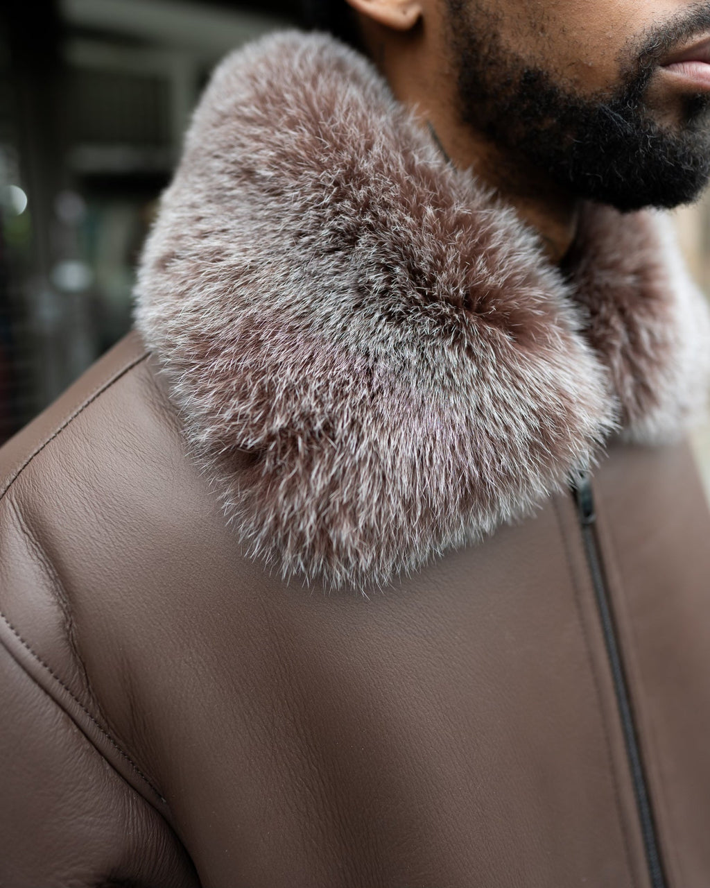 MEN's SHEARLING- BROWN BRISA BASEBALL STYLE BOMBER WITH FOX FUR