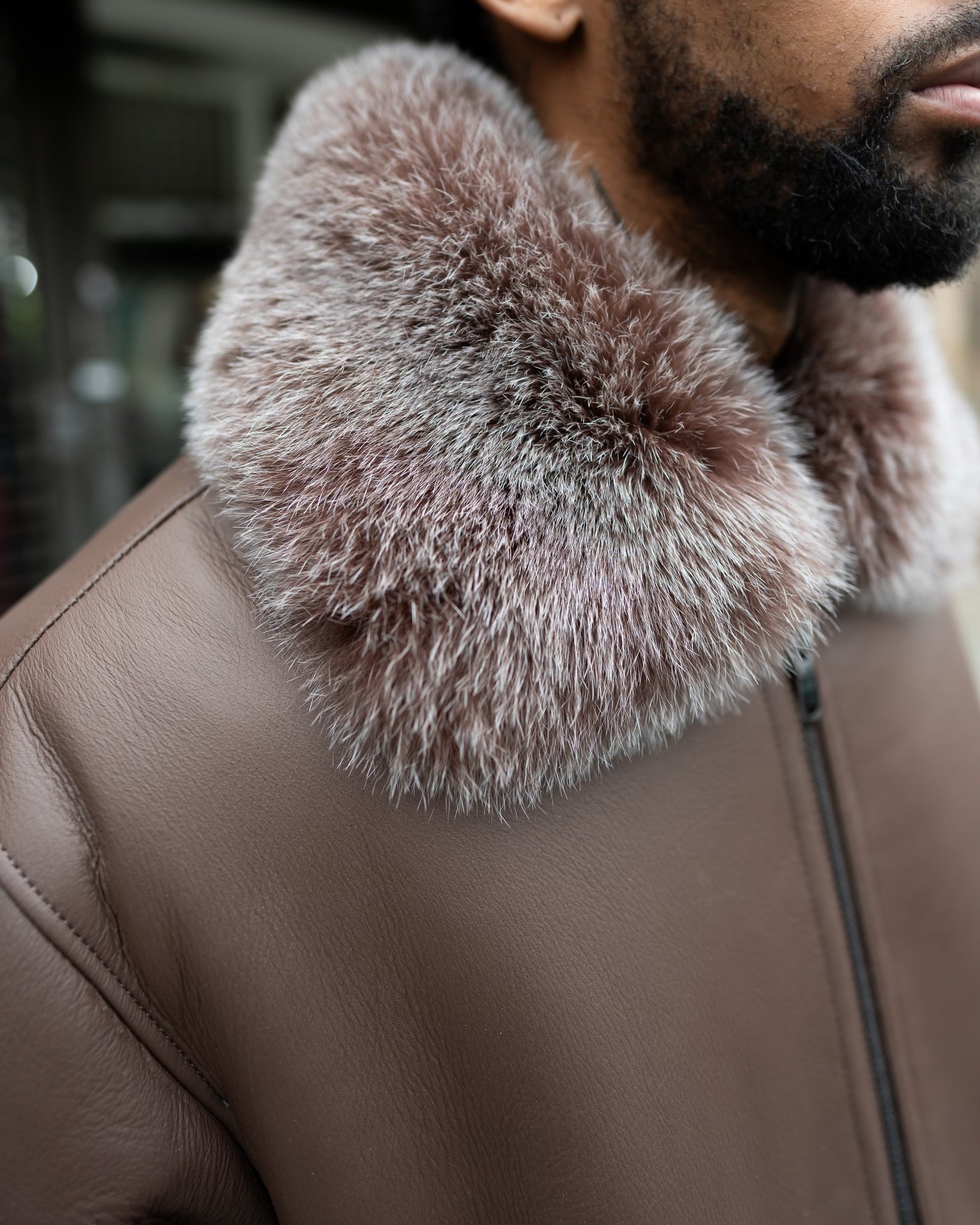 MEN's SHEARLING- BROWN BRISA BASEBALL STYLE BOMBER WITH FOX FUR