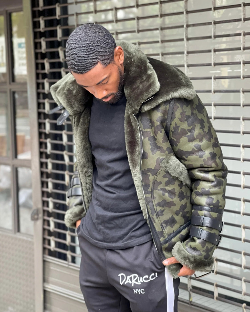 MEN's SHEARLING- CAMO AVIATOR DOUBLE COLLAR