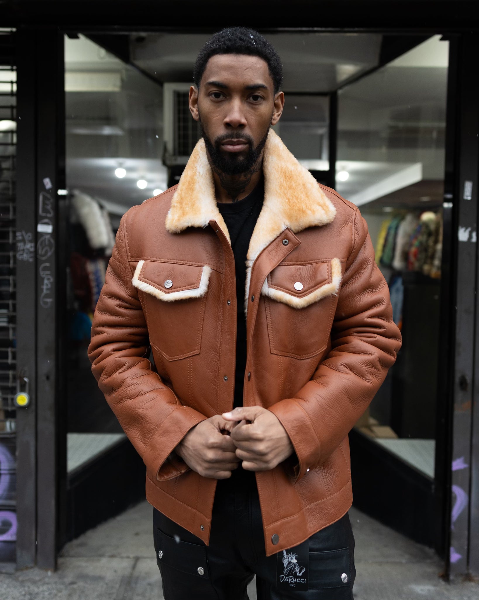 MEN's SHEARLING- COGNAC DENIM STYLE SHEARLING