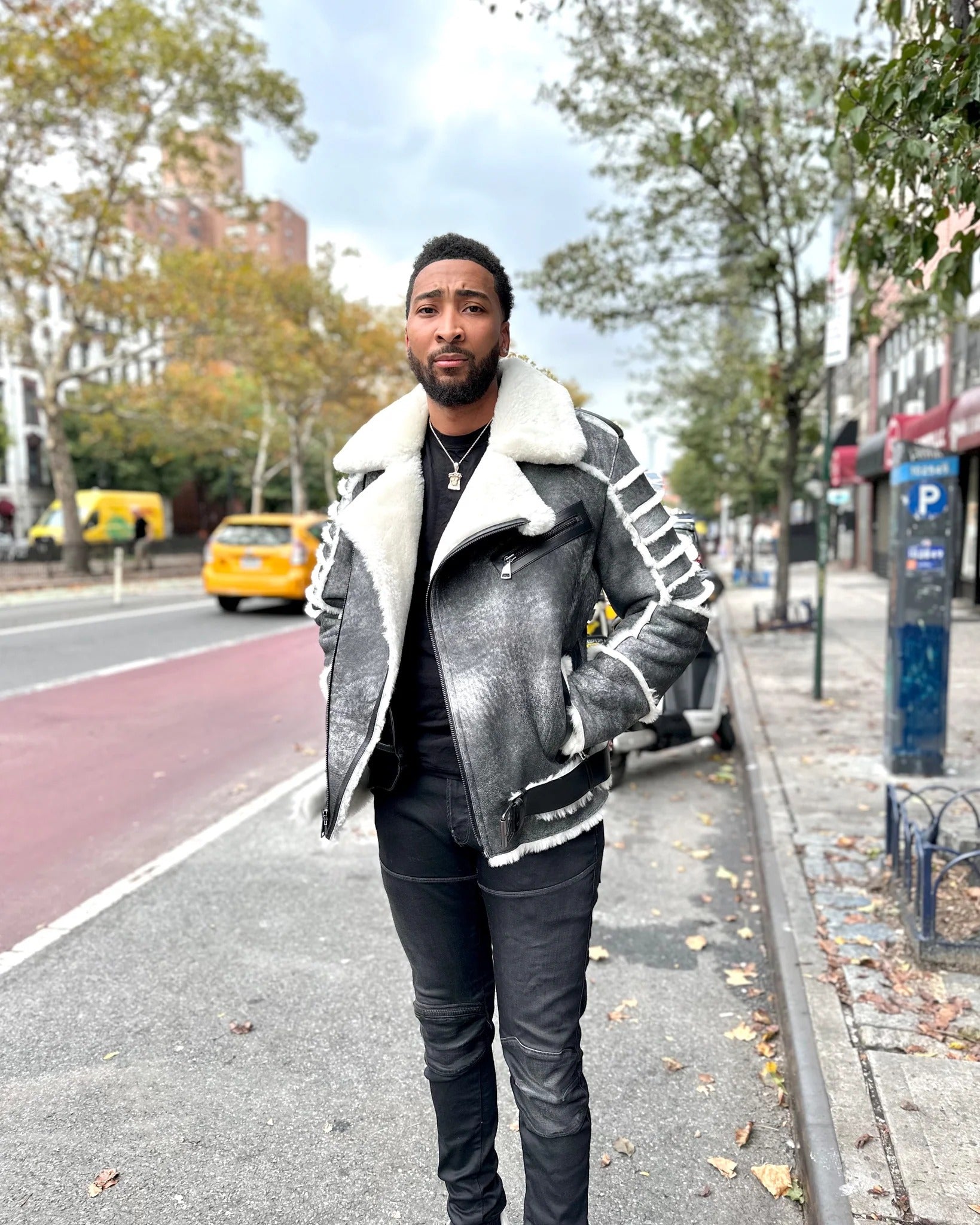 MEN's SHEARLING- DISTRESSED GREY BIKER SHEARLING WITH FUR RIBBLES