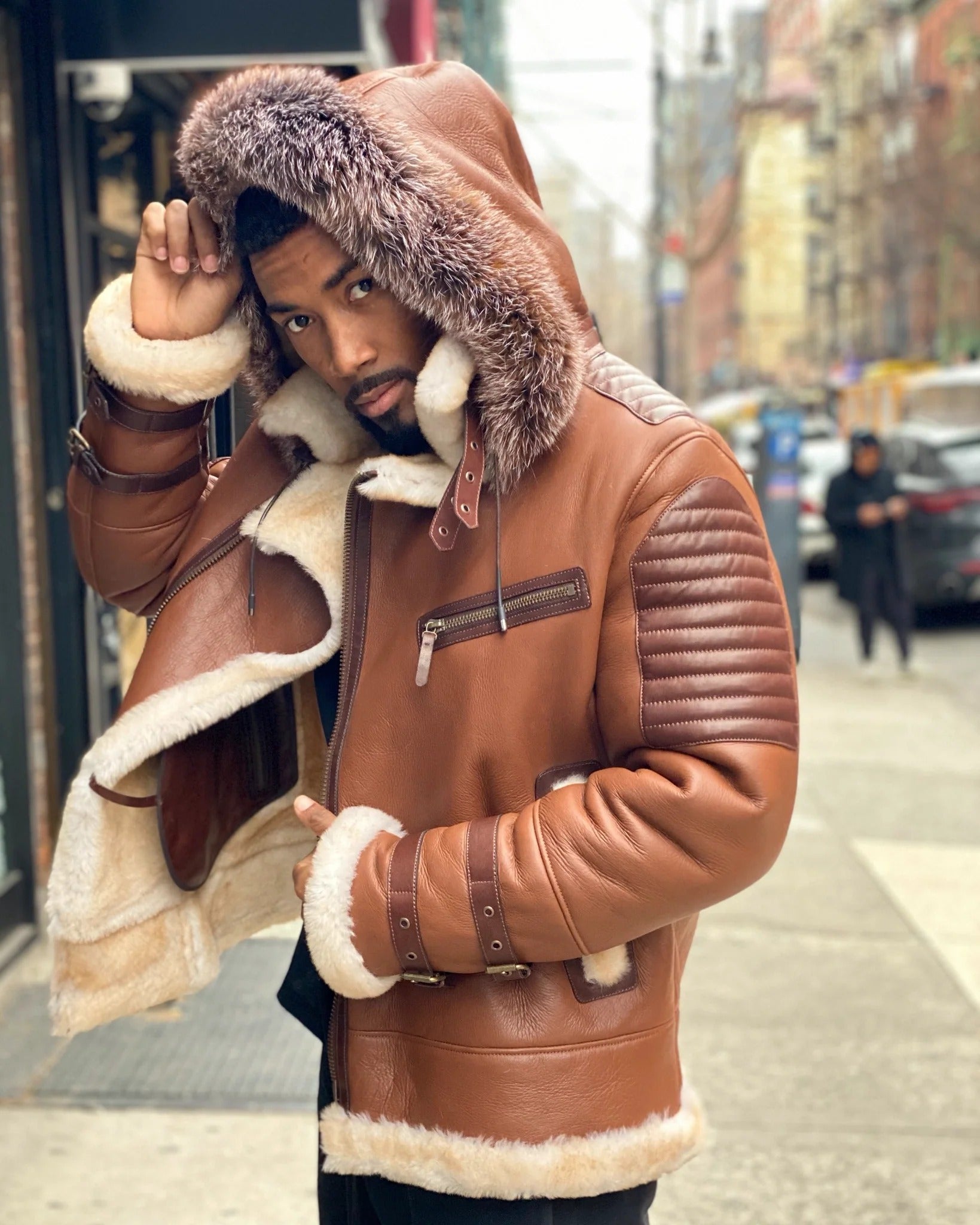 MEN's SHEARLING- TAN RIBBLES SHEARLING WITH FOX HOOD