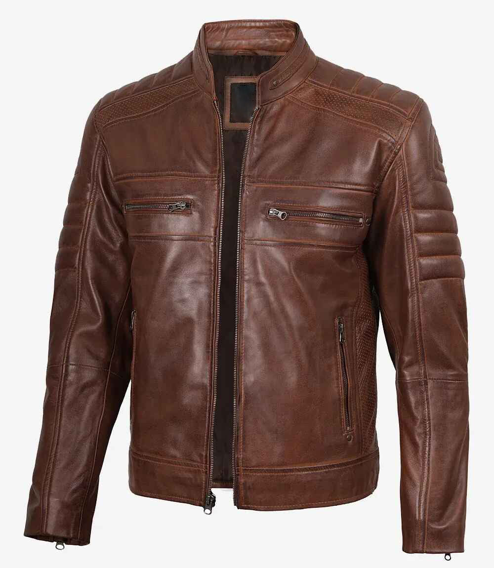 Men Cafe Racer Cognac Brown Leather Jacket