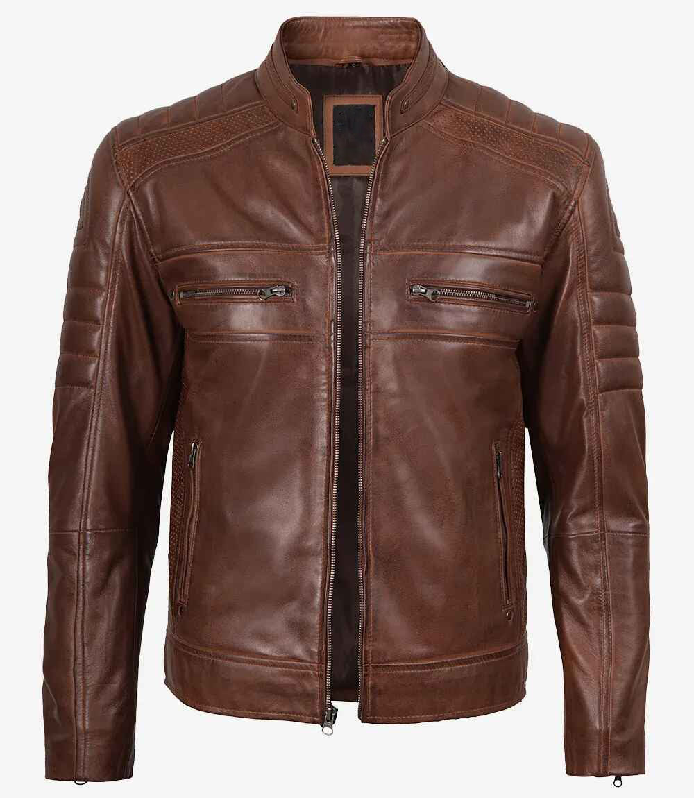 Men Cafe Racer Cognac Brown Leather Jacket