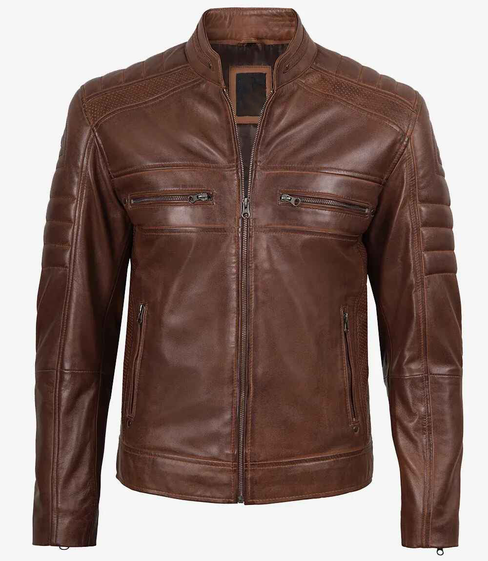 Men Cafe Racer Cognac Brown Leather Jacket