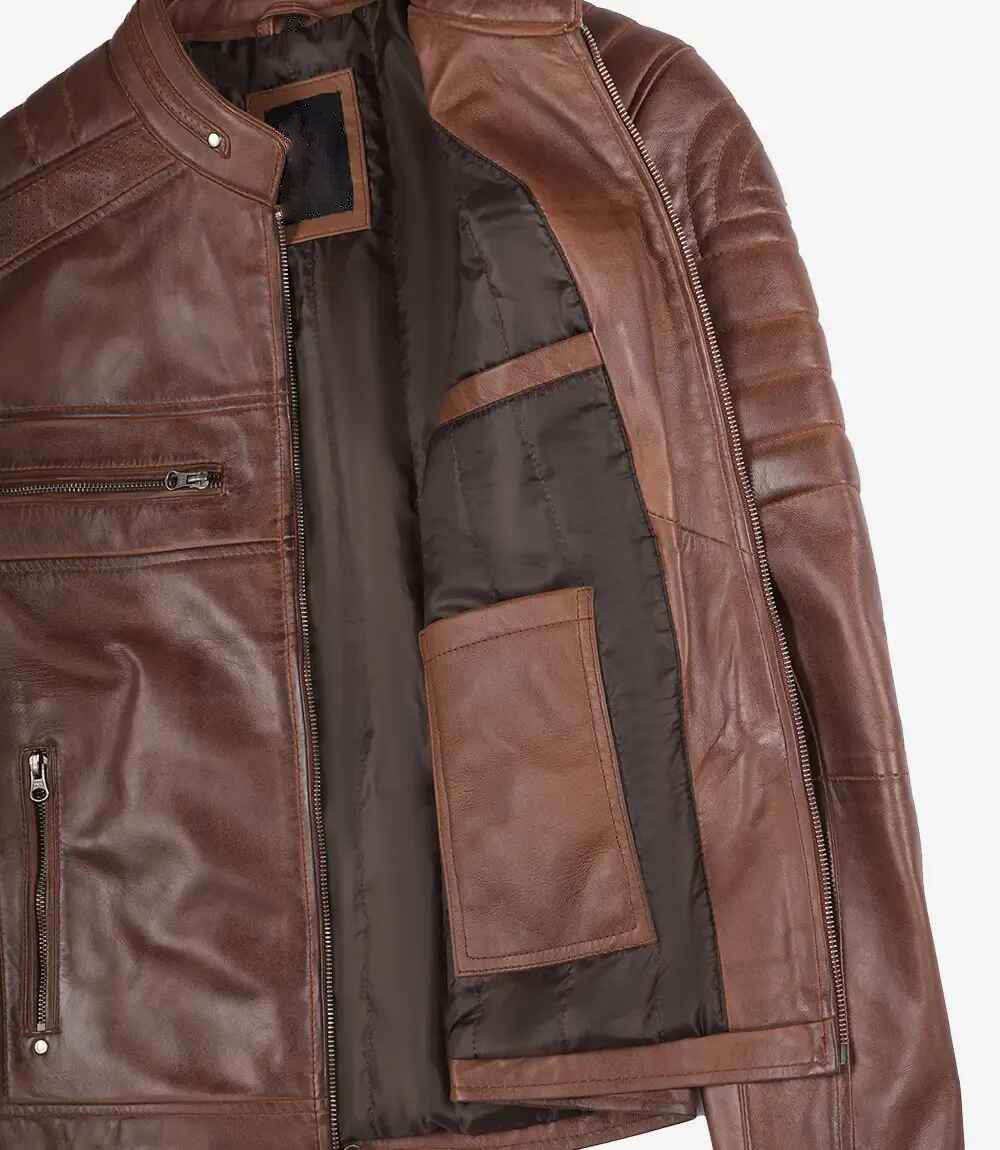 Men Cafe Racer Cognac Brown Leather Jacket