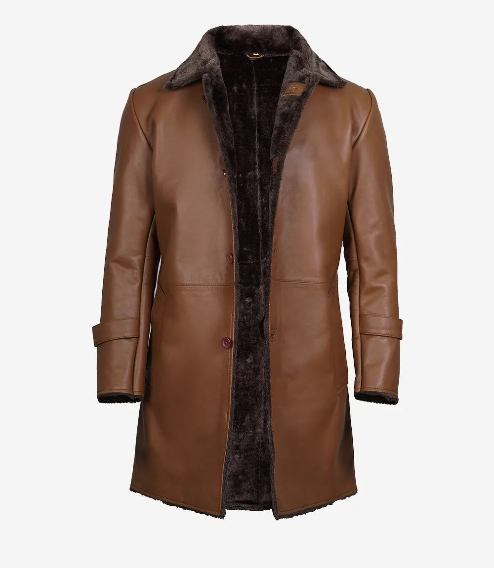 Men's 3/4 Length Cognac Shearling Leather Coat