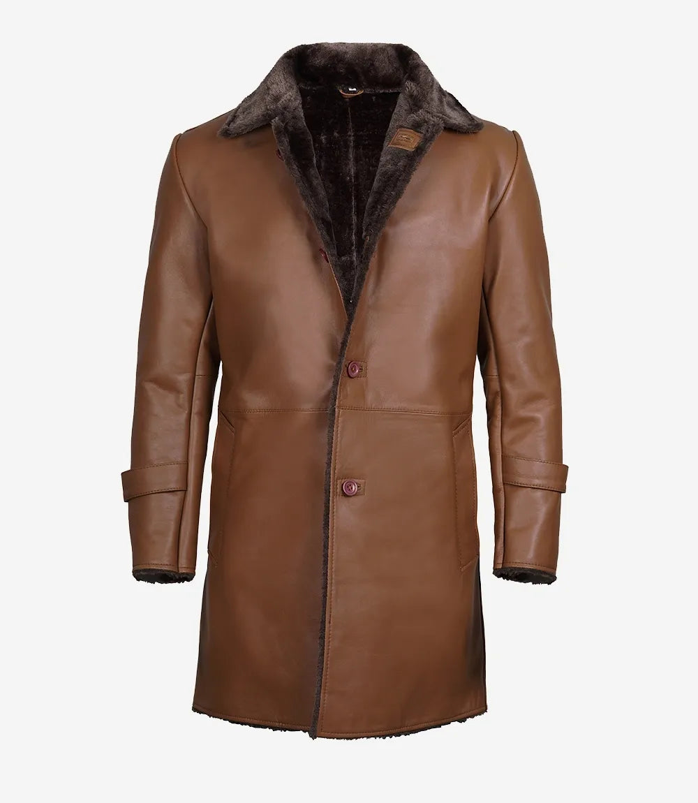 Men's 3/4 Length Cognac Shearling Leather Coat