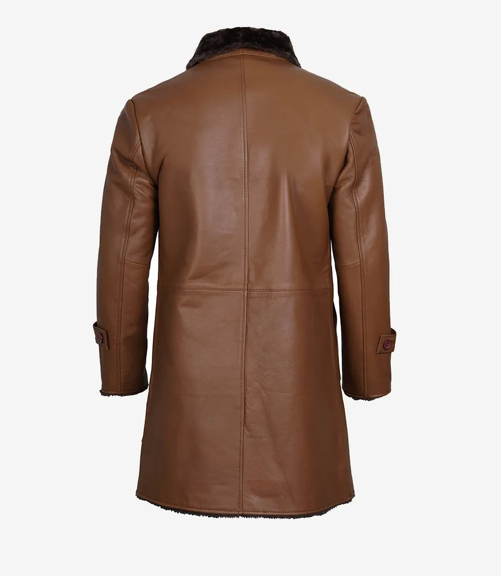 Men's 3/4 Length Cognac Shearling Leather Coat