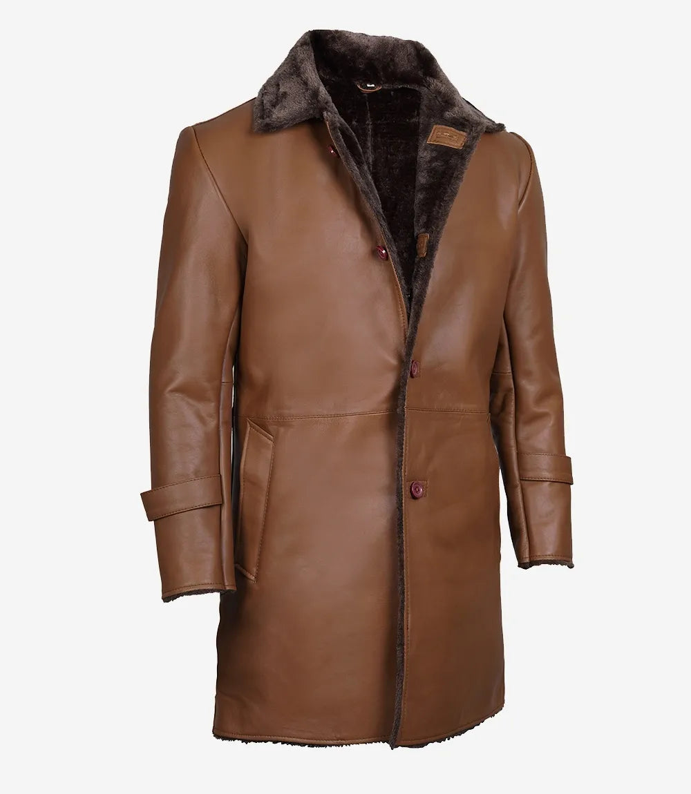 Men's 3/4 Length Cognac Shearling Leather Coat