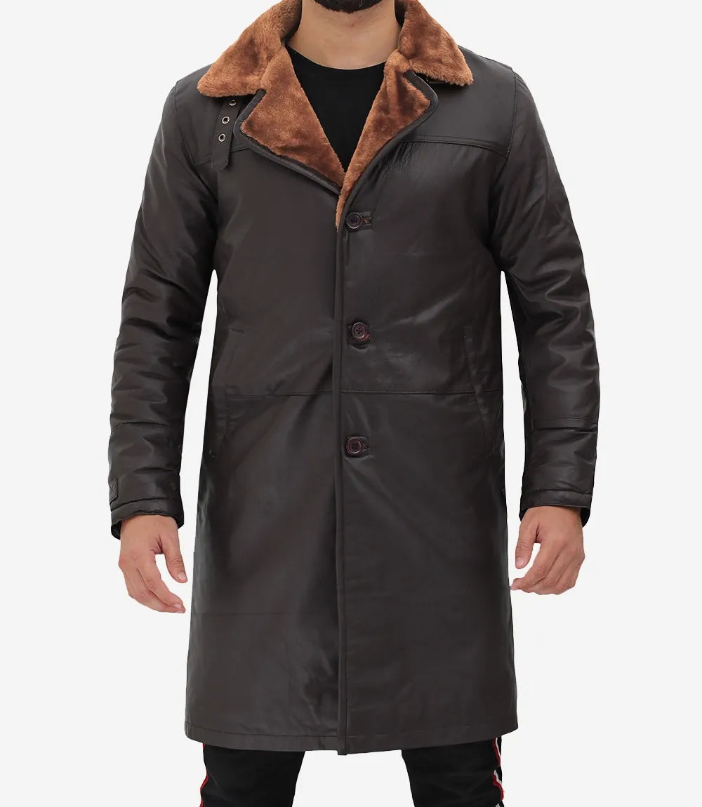 Men's 3/4 Length Dark Brown Leather Shearling Coat