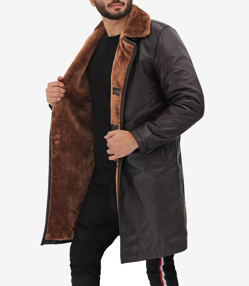 Men's 3/4 Length Dark Brown Leather Shearling Coat