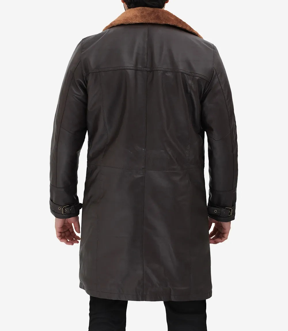 Men's 3/4 Length Dark Brown Leather Shearling Coat