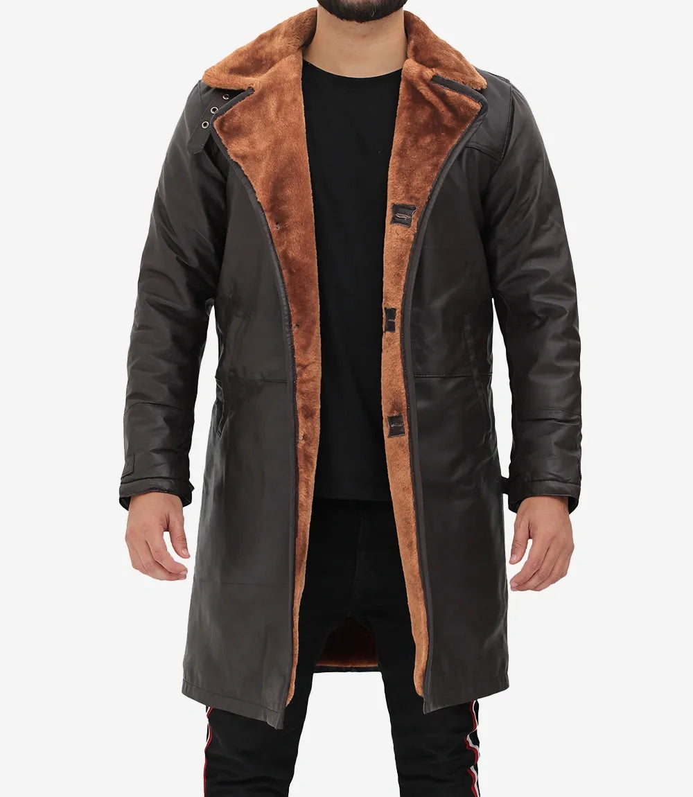 Men's 3/4 Length Dark Brown Leather Shearling Coat